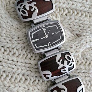 FOSSIL ~ ES2053 Brown Wood Inlay/Stainless Steel Bracelet Watch